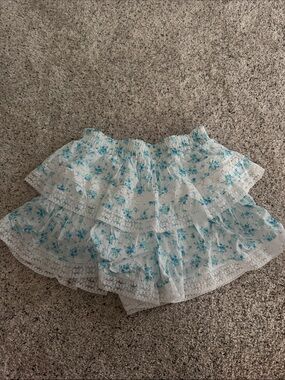 Altar'd State White Skirt with Light Blue Floral Ruffle Tiers